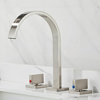 Bathroom Basin Mixer Faucet 3 Hole Brass Hot and Cold Water Double Handle 3 Hole Basin Faucets-Brushed