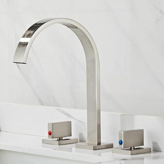 Bathroom Basin Mixer Faucet 3 Hole Brass Hot and Cold Water Double Handle 3 Hole Basin Faucets-Brushed