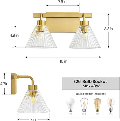 AIJIASI Bathroom Light Fixtures 2-Light Brushed Gold Vanity Lights 16 Inch Bathroom Lighting Fixtures Over Mirror with Ribbed Glass Shade Modern Wall Sconces for Living Room Hallway