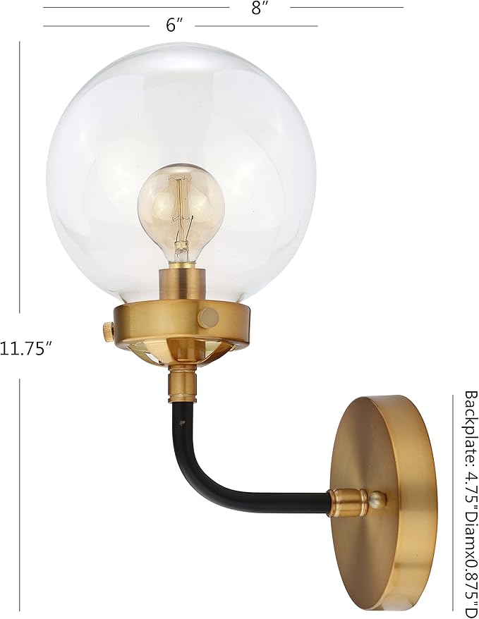 JONATHAN Y 6" Black/Brass Gold 1-Light LED Wall Sconce Vanity Lighting, Clear Glass Globe Shade Modern Contemporary Sconce for Bathroom Mirror, Hallway, UL Listed JYL9009A
