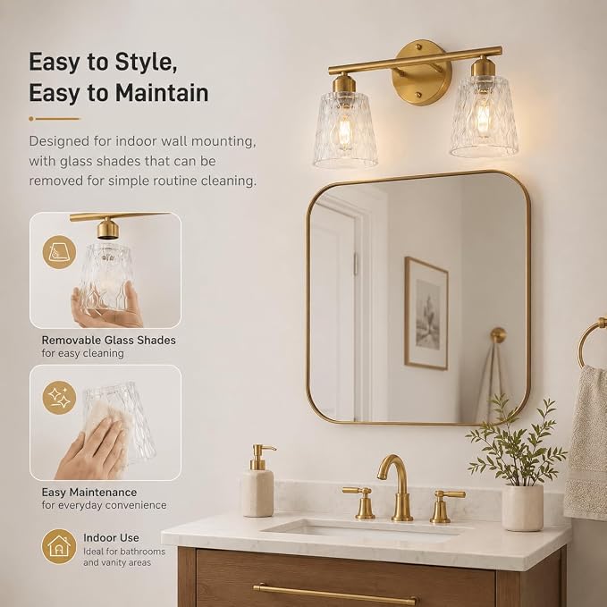 Brushed Gold Bathroom Vanity Light Over Mirror, 2-Light Stainless Steel Wall Mount Fixture with Textured Glass Shades, Modern Vanity Lighting, E26 Sockets (Bulbs Not Included)