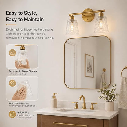 Brushed Gold Bathroom Vanity Light Over Mirror, 2-Light Stainless Steel Wall Mount Fixture with Textured Glass Shades, Modern Vanity Lighting, E26 Sockets (Bulbs Not Included)