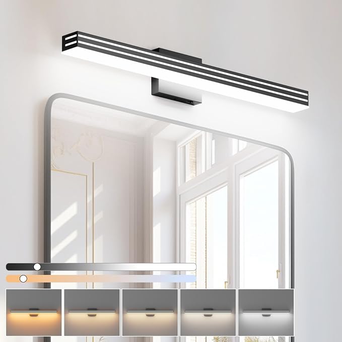 Ralbay Modern Black Bathroom Light Fixtures 5 Color Temperature Dimmable 31.5inch 30W Acrylic LED Black Bathroom Vanity Lighting Fixtures Over Mirror