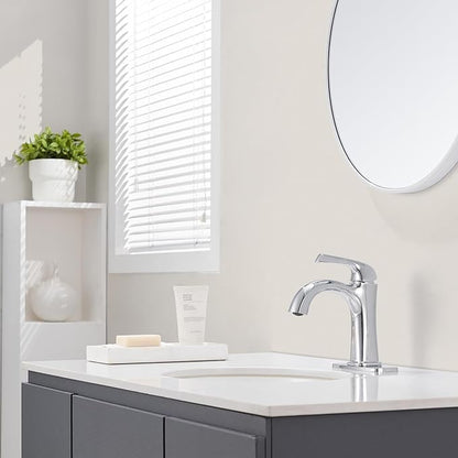 Polished Chrome Single Hole Bathroom Faucet, Single Handle Brass Bathroom Sink Faucet, Lavatory Vanity Faucet for 1 or 3 Holes, Bathroom Faucets with Pop Up Drain and Supply Lines, Deck Plate