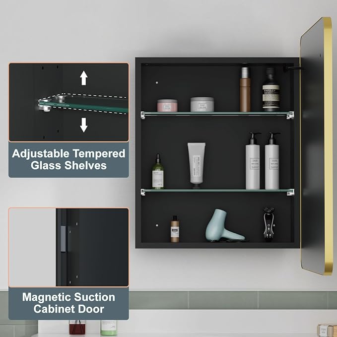 20x28 Inch Medicine Cabinet with Mirror, Recessed or Surface Mount Bathroom Medicine Cabinet with LED Lights, Anti-Fog, Memory Function, Adjustable Shelf, Dimmable Light, ETL Listed, Gold, Right Hinge