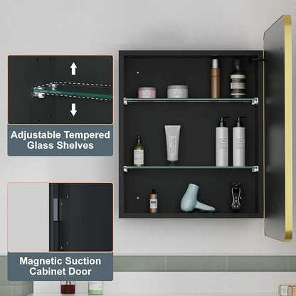 20x28 Inch Medicine Cabinet with Mirror, Recessed or Surface Mount Bathroom Medicine Cabinet with LED Lights, Anti-Fog, Memory Function, Adjustable Shelf, Dimmable Light, ETL Listed, Gold, Right Hinge