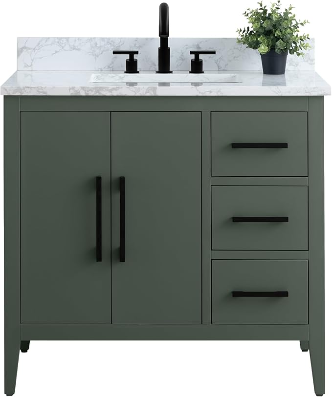 HomeBeyond 36 Inch Bathroom Vanity with Sink & Ceramic Top, Single Vanity Cabinet with Basin, Soft-Closing Doors & Matte Black Hardware, Vintage Green