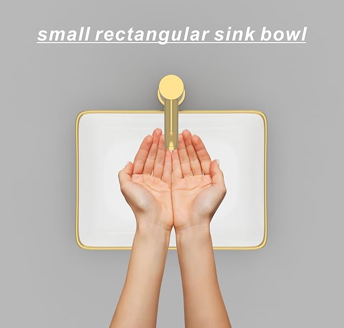 J-FAMILY 14.5'' x 10.6'' Small Vessel Sink Bathroom Above Counter White Porcelain Ceramic Rectangular Sink Bowl Gold Trim Decoration Small Vanity Sink Lavatory Wash Basin