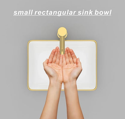 J-FAMILY 14.5'' x 10.6'' Small Vessel Sink Bathroom Above Counter White Porcelain Ceramic Rectangular Sink Bowl Gold Trim Decoration Small Vanity Sink Lavatory Wash Basin
