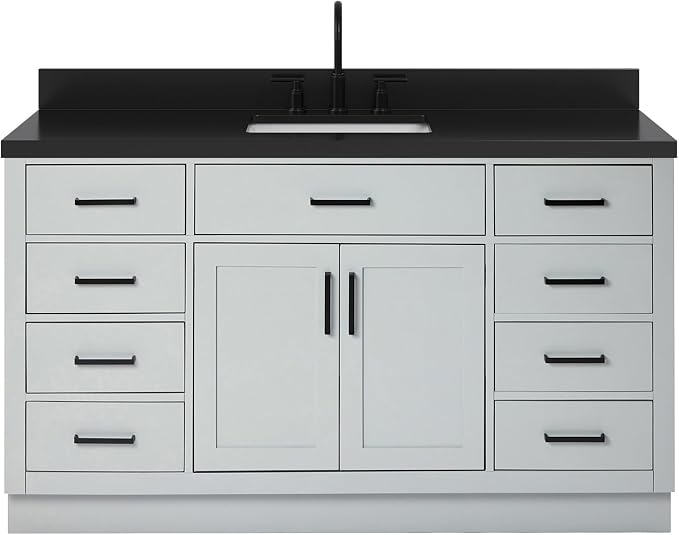 ARIEL Hepburn 60-inch Bathroom Vanity with Sink,Solid Wood, 1.5-inch Carbon Black Quartz Countertop, Single Rectangular Porcelain Sink, Soft Closing Doors, Dovetail Drawers, Grey