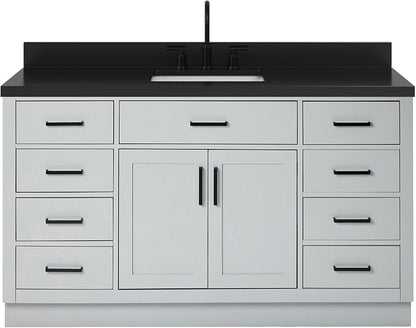 ARIEL Hepburn 60-inch Bathroom Vanity with Sink,Solid Wood, 1.5-inch Carbon Black Quartz Countertop, Single Rectangular Porcelain Sink, Soft Closing Doors, Dovetail Drawers, Grey