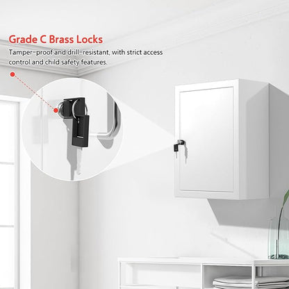 Locking Medicine Cabinet Wall-Mount: Storage Cabinet with Lock & Key - White Metal First Aid Kits for Family Safety and Childproofing