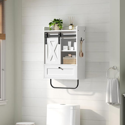 Bathroom Wall Cabinet, Farmhouse Medicine Cabinets with Sliding Door, Wall Mounted Storage Cabinet with Adjustable Shelf and Towel Bar, for Bathroom, Living Room, Kitchen, White