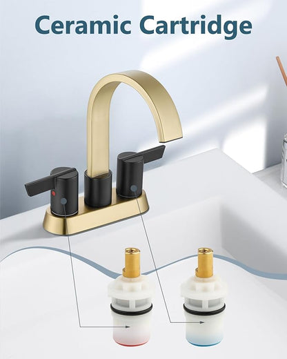 Aolemi Bathroom Faucets for Sink 3 Hole,4 Inch Centerset Waterfall Faucet 2 Handle for Bathroom Sink with Pop-Up Drain and Supply Lines Brushed Gold and Matte Black