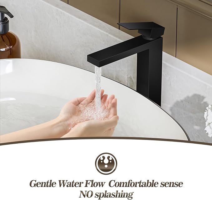 Black Tall Bathroom Faucet Vessel Sink Faucet Single Hole Bathroom Vessel Sink Faucet Single Handle with Water Supply Hose Above countertop Sink and Pop Up Sink Drain,BF3530P-MB-V
