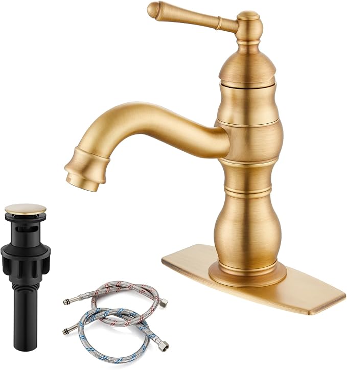 gotonovo Bathroom Faucet 1 Hole Vintage,Antique Brass,5.9” Spout Reach | Bathroom Sink Faucet for 1 or 3 Hole Single Handle,Deck Plate,360° Swivel Spout,Pop Up Drain,cUPC Supply Hoses,for Vanity RV