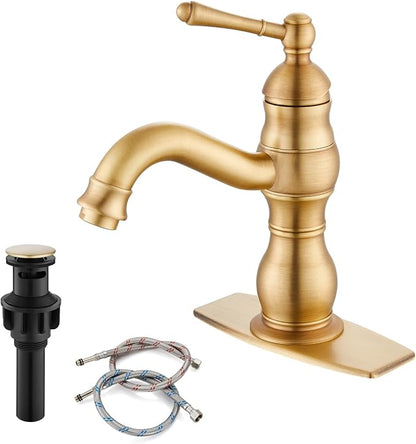 gotonovo Bathroom Faucet 1 Hole Vintage,Antique Brass,5.9” Spout Reach | Bathroom Sink Faucet for 1 or 3 Hole Single Handle,Deck Plate,360° Swivel Spout,Pop Up Drain,cUPC Supply Hoses,for Vanity RV