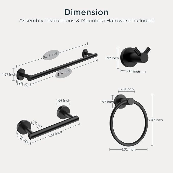FORIOUS Bathroom Accessories, 4-Piece Bathroom Hardware Set - 30" Towel Bar | Matte Black | Towel Hooks, Towel Racks for Bathroom, Toilet Paper Holder Wall Mounted & Towel Ring | SUS304 Stainless Steel