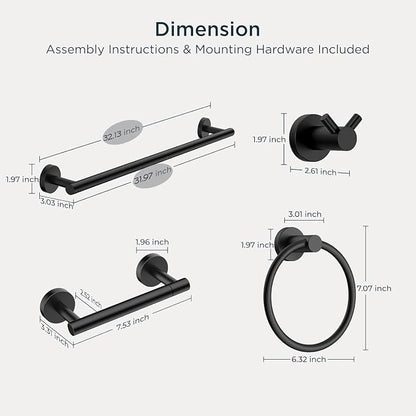 FORIOUS Bathroom Accessories, 4-Piece Bathroom Hardware Set - 30" Towel Bar | Matte Black | Towel Hooks, Towel Racks for Bathroom, Toilet Paper Holder Wall Mounted & Towel Ring | SUS304 Stainless Steel