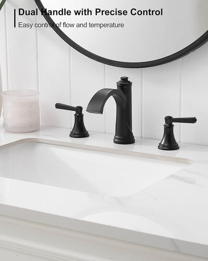 Matte Black Bathroom Faucet 3 Hole, Brass Bathroom Waterfall Faucet, 4-16 Inch Bathroom Sink Faucets, 2 Handle Widespread Faucet for Bathroom Sink with Water Supply Hoses, Pop-Up Drain