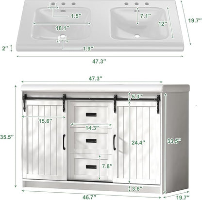 Bathroom Vanity with Double Sinks, 48" Standing Double Vanity with Drawers & Metal Handles, 2 Sink Bathroom Vanity with 4 Shelves, White