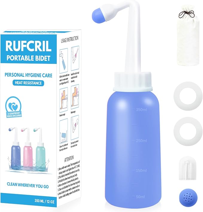Peri Bottle Postpartum, RUFCRIL 350ml Perineal Wash Bottle, Upside Down Portable Bidet with Carry Bag, Boilable TPE & Dual Leak-Proof Rings, for Perineal Recovery, Hemorrhoid Relief, Hospital Bag