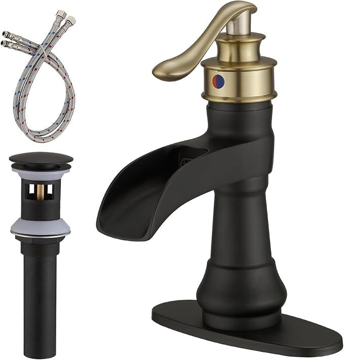 Waterfall Bathroom Sink Faucet Brushed Gold with Black | Single-Handle Single Hole, Deck Mounted, Includes Pop Up Drain with Overflow and Supply Lines Hose, Modern Farmhouse Decor