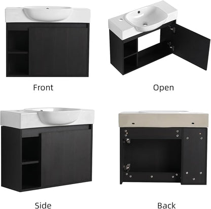26" Wall Mounted Bathroom Vanity with Sink, Small Vanity, Dark Oak | Integrated Ceramic Sink, Soft-Close Door & 2 Open Storage Shelves, Small Bath Vanity Set, Easy to Clean