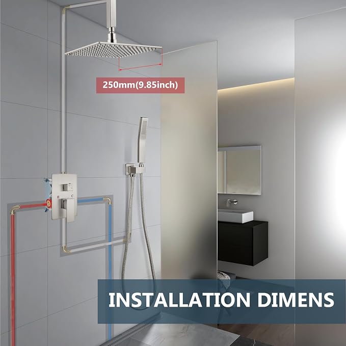 Aolemi Ceiling Shower Faucet Set with Handheld 10" LED Head Brushed Nickel | Handheld Spray,10 Inch Rain LED Head,Shower Valve and Trim Kit,All Metal,Ceiling System,Bathroom Mixer
