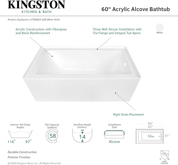 KINGSTON BRASS VTDE603122R 60-Inch Contemporary Alcove Acrylic Bathtub with Right Hand Drain and Overflow Holes, White