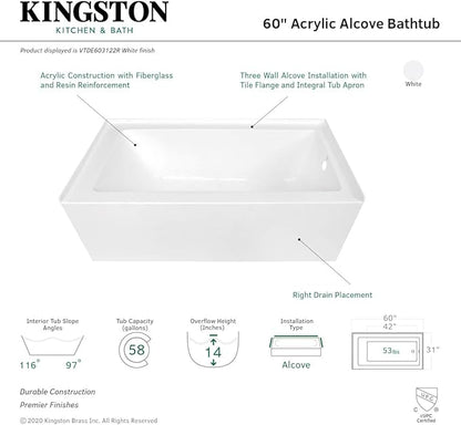 KINGSTON BRASS VTDE603122R 60-Inch Contemporary Alcove Acrylic Bathtub with Right Hand Drain and Overflow Holes, White