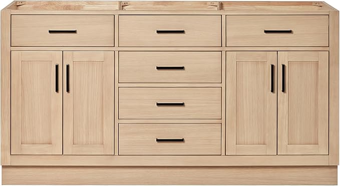 ARIEL Hepburn 66-inch Bathroom Vanity Base Cabinet,Solid Wood, 4 Soft Closing Doors, 6 Dovetail Drawers, White Oak