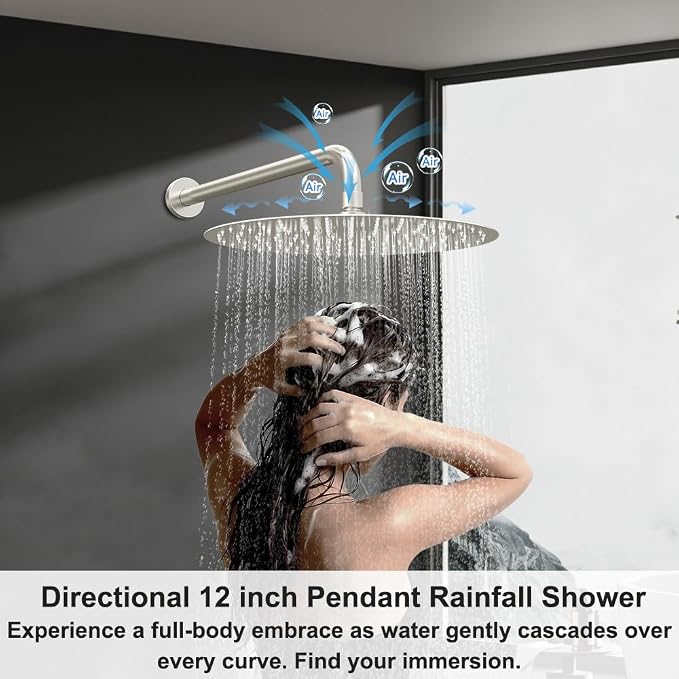 Shower Systems, Bostingner 12+6" Round Dual Rainfall Shower head with 2 in 1 Handheld Spray, Can Use All at Once, Wall Mount Push Button Shower Faucet Set with Valve and Trim Kit,Brushed Nickel