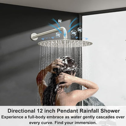Shower Systems, Bostingner 12+6" Round Dual Rainfall Shower head with 2 in 1 Handheld Spray, Can Use All at Once, Wall Mount Push Button Shower Faucet Set with Valve and Trim Kit,Brushed Nickel