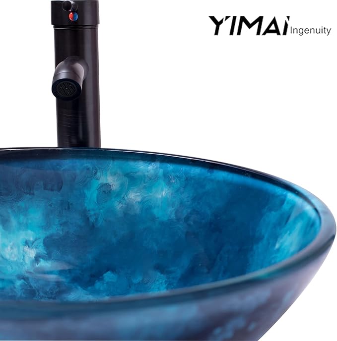 Vessel Sink 16.5" Bathroom Sinks Tempered Glass Blue Art Basin Round Bowl with Faucet Combo Blue,Modern Countertop Bowl Sink for Lavatory Vanity Cabinet
