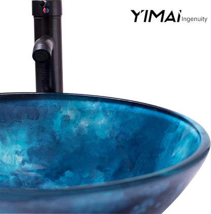 Vessel Sink 16.5" Bathroom Sinks Tempered Glass Blue Art Basin Round Bowl with Faucet Combo Blue,Modern Countertop Bowl Sink for Lavatory Vanity Cabinet