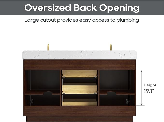 60 Inch Bathroom Vanity with Double Sink, Solid Wood Frame with Engineered Marble Countertop, Fully-Assembled Vanity with Soft-Close Drawers, Adjustable Feets, Warm Elm