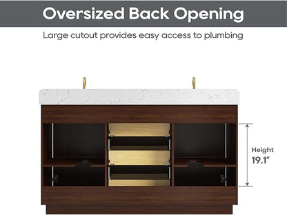60 Inch Bathroom Vanity with Double Sink, Solid Wood Frame with Engineered Marble Countertop, Fully-Assembled Vanity with Soft-Close Drawers, Adjustable Feets, Warm Elm