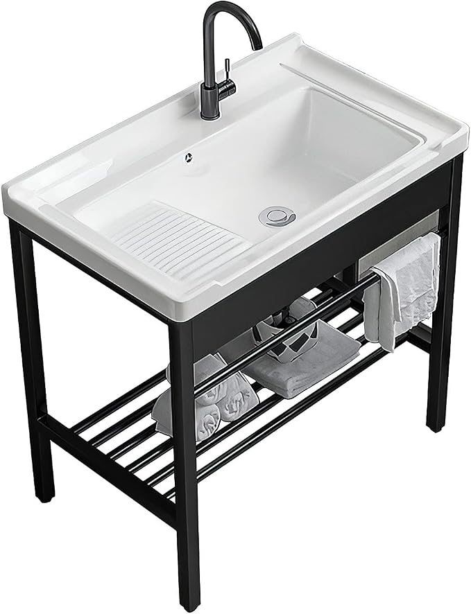 Freestanding Laundry Utility Sink with Washboard | 19" x 28.3" x 32.3" Ceramic Utility Sink with Bracket and Drain Kit for Laundry Room, Utility Room, Garage, Outdoor / Indoor