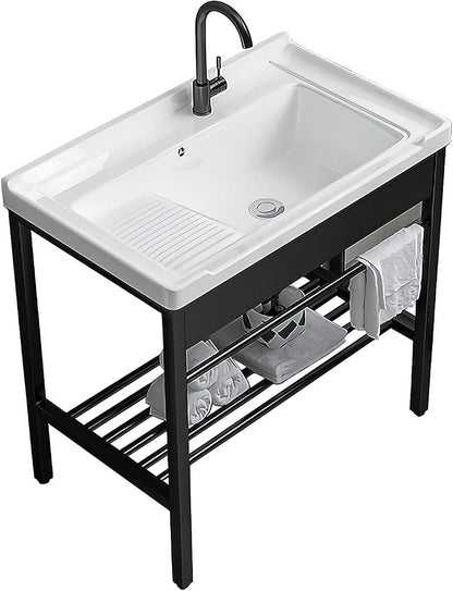 Freestanding Laundry Utility Sink with Washboard | 19" x 28.3" x 32.3" Ceramic Utility Sink with Bracket and Drain Kit for Laundry Room, Utility Room, Garage, Outdoor / Indoor