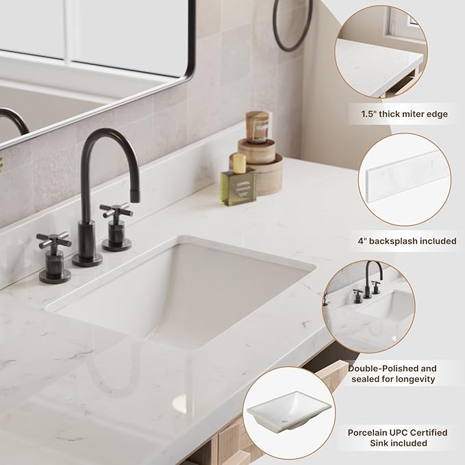 ARIEL 60 inch Bathroom Vanity top with Sink, 1.5 Inch Thick Miter Edge Carrara White Quartz top, Rectangle Single Porcelain Sink, Includes Backsplash
