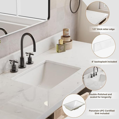 ARIEL 60 inch Bathroom Vanity top with Sink, 1.5 Inch Thick Miter Edge Carrara White Quartz top, Rectangle Single Porcelain Sink, Includes Backsplash