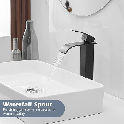 BWE Vessel Sink Faucet Modern Waterfall Matte Black Single Hole Bathroom Faucet Single Handle with Pop up Drain Without Overflow Assembly Vanity Basin Bath Sink Faucets Mixer Tap