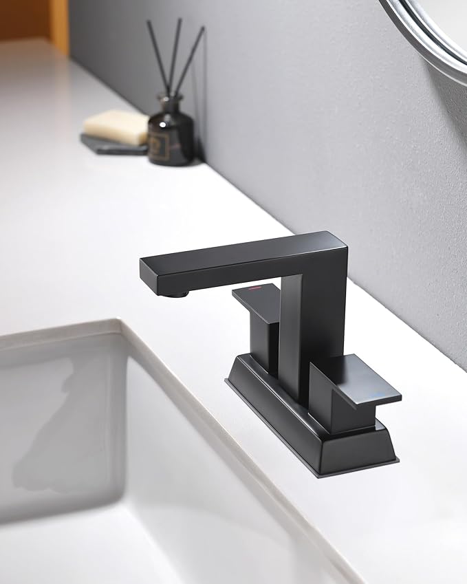 Tohlar Black Bathroom Faucet - Bathroom Sink Faucet 2 Handles, 4 Inch Centerset Bathroom Faucets for Sink 2 or 3 Holes, Matte Black Bathroom Faucet with Pop Up Drain and 2 Lead-Free Hoses, Lavatory RV