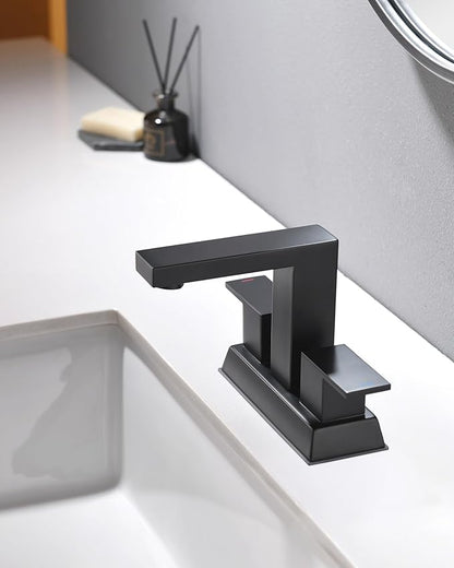 Tohlar Black Bathroom Faucet - Bathroom Sink Faucet 2 Handles, 4 Inch Centerset Bathroom Faucets for Sink 2 or 3 Holes, Matte Black Bathroom Faucet with Pop Up Drain and 2 Lead-Free Hoses, Lavatory RV