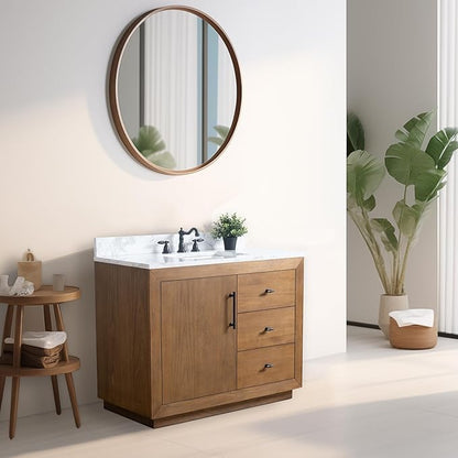 Vanity Art 42" Bathroom Vanity with Sink,Solid Poplar Wood, Vanity Cabinet with Doors and Shelf, Modern Wood Bathroom Vanity with White Marble Top, 2 Right Functioning Shaker Drawer, VA70-42-T-E