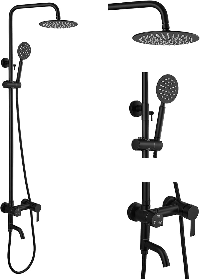 gotonovo Outdoor Shower Kit SUS304 Stainless Steel Matte Black | Outside Shower Fixtures,8’’ Rain Head with Handheld Sprayer,Swivel Tub Spout,Indoor/Outdoor,Poolside,Backyard,Garden,Beach