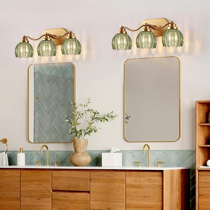 Gold Vanity Light, Vintage Tulip Green Glass Shade, Antique Brass Finish | 3 Light Brushed Gold Bathroom Light Fixtures, Crystal Wall Sconce, Mounted Over Mirror for Bedroom Hallway, Easy to Install