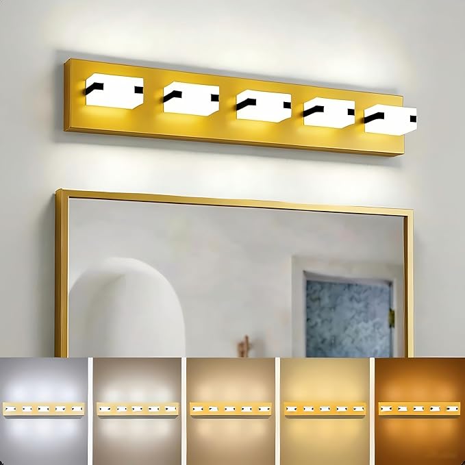 LED Bathroom Light Fixtures, 5-Light Modern Vanity Lights with Milky White Frosted Acrylic Shades, Gold Bathroom Lighting Fixtures Over Mirror, ETL Listed, 35W 5CCT Adjustable