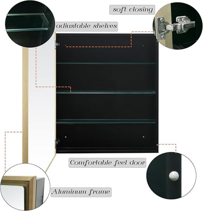 24”x30” Medicine Cabinet with Aluminum Frame,Surface or Recessed Medicine Cabinet Mirror for Bathroom,Bathroom Mirror with Storage,Gold